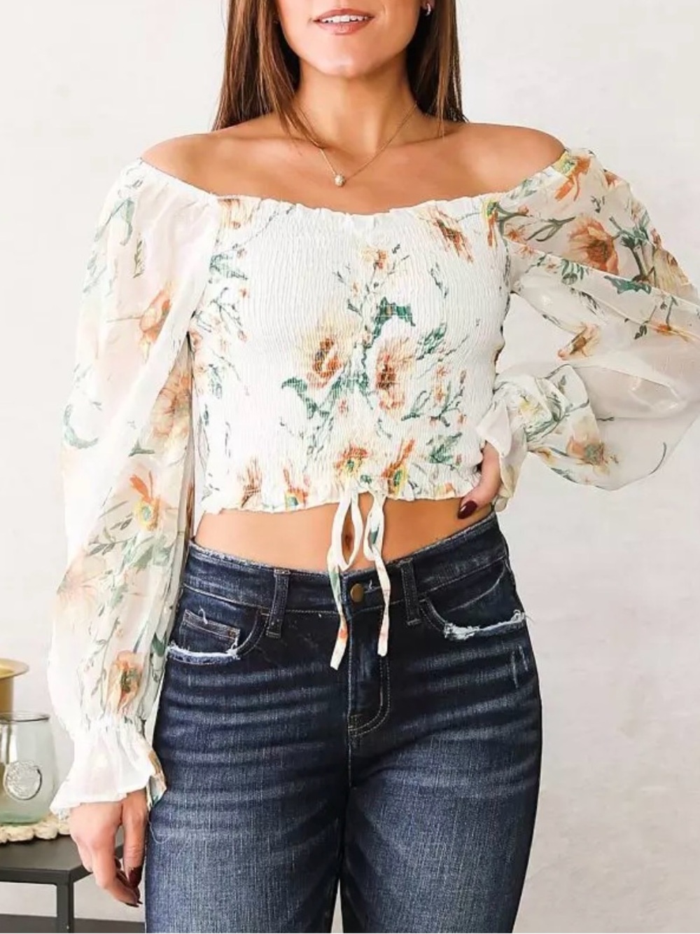 Off-Shoulder Floral Smocked Crop Top - White with Green & Peach Floral